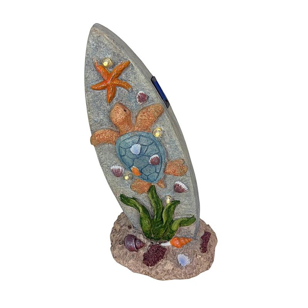 Solar Sea Turtle Surfboard Garden Statue 4 Lights Magnesium Oxide 18.25 In